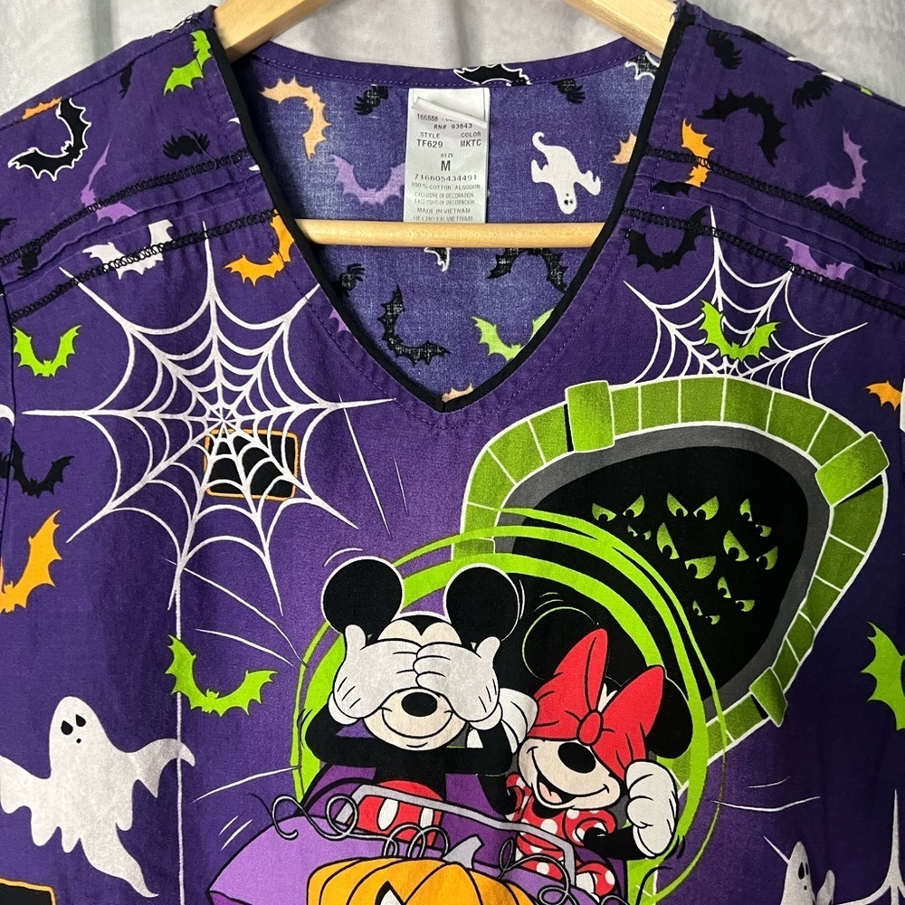 Disney Mickey & Minnie Mouse Halloween Too Cute To Spook Purple Scrubbing Top - Picture 12 of 13